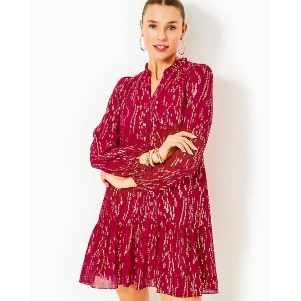 Lilly Pulitzer Evaline Silk Dress NWT Size 4 Malbec Red Fish Clip Chiffon